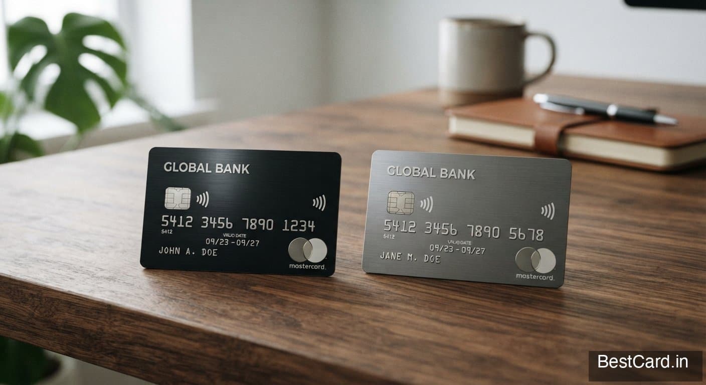 Two credit cards side by side on a table, representing a primary card and an add-on card