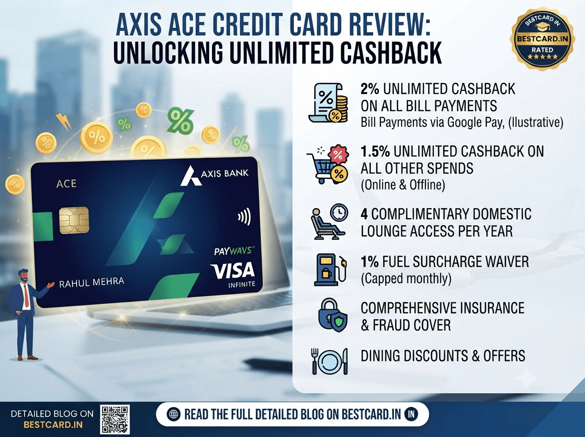Axis Ace credit card review graphic highlighting unlimited cashback rates and other card benefits