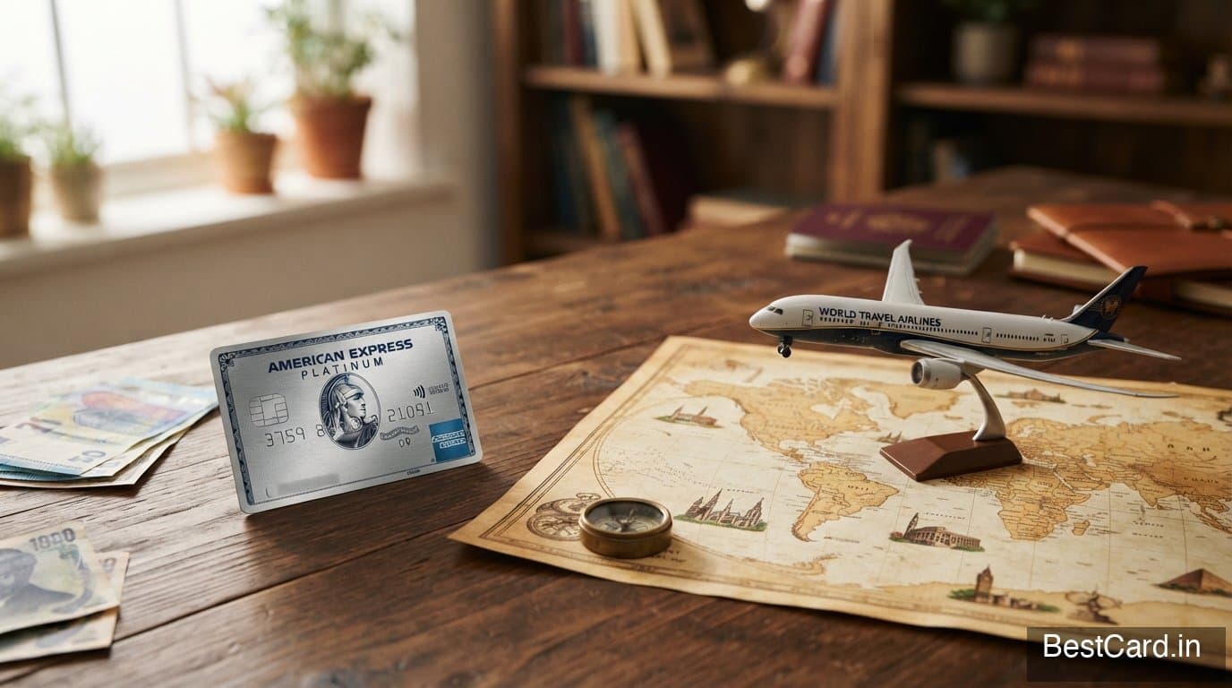 Boarding pass and premium credit card on a travel desk