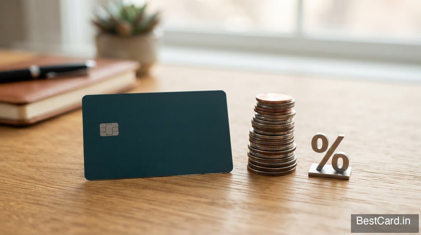 Indian rupee cash and a credit card on a wooden table