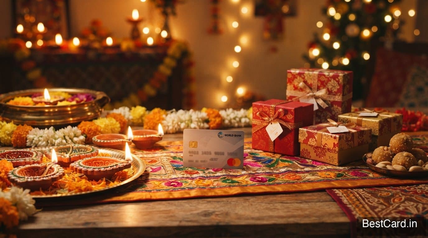 Diwali shopping bags and a credit card next to festive lights
