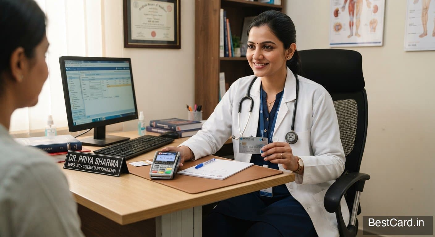 A doctor in a white coat holding a credit card next to a stethoscope