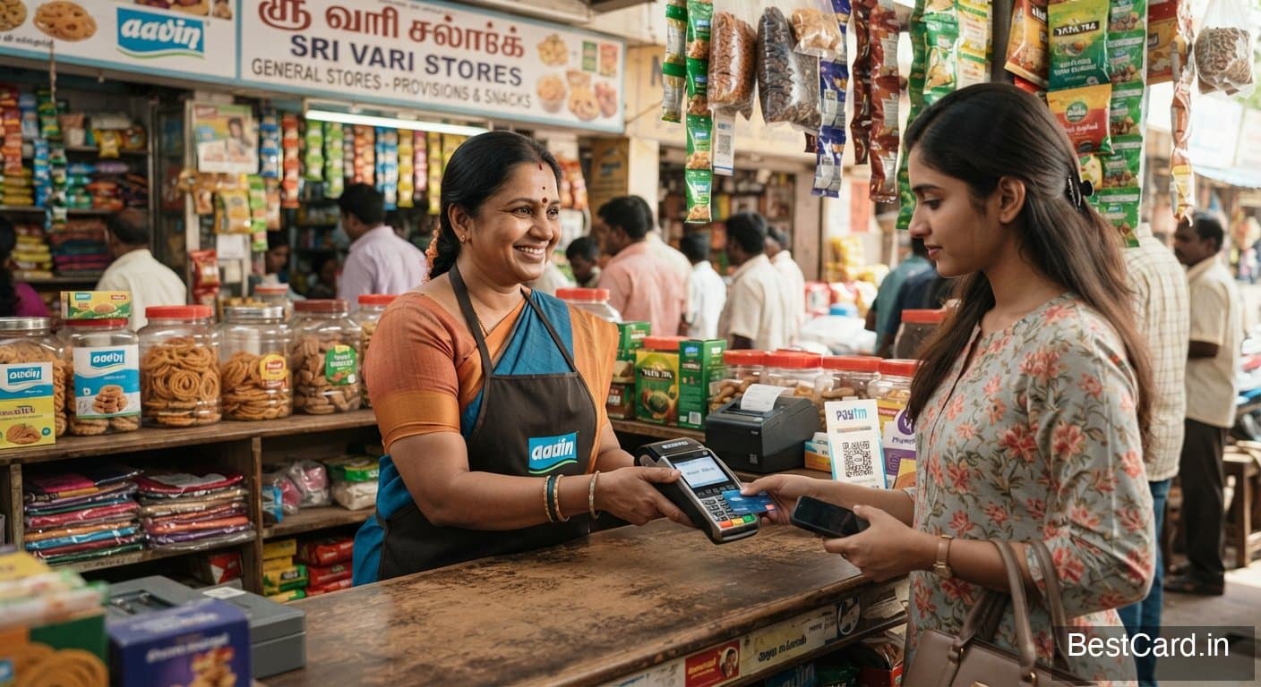 A small business owner reviewing paperwork at a shop counter with a credit card