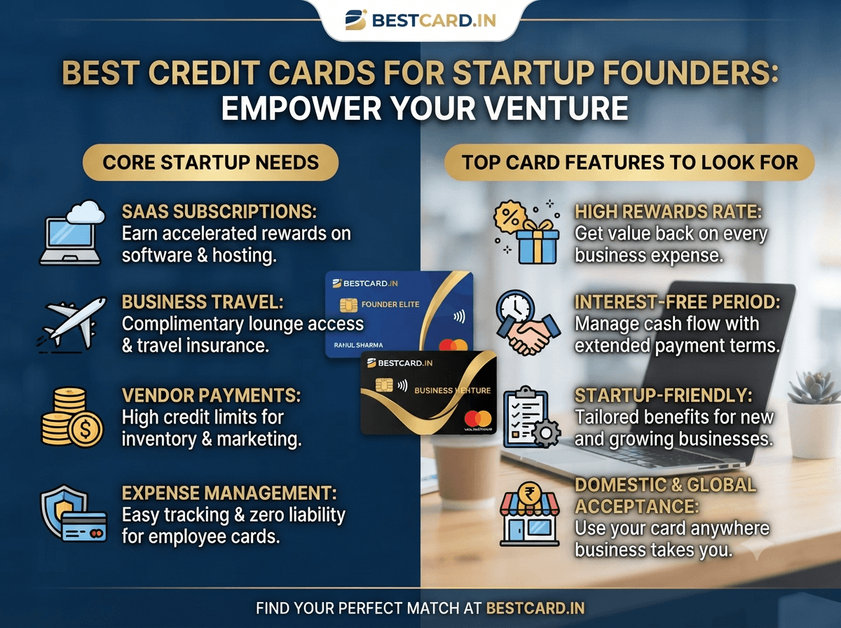 Infographic on the best credit cards for startup founders, covering SaaS subscriptions, business travel, and vendor payments
