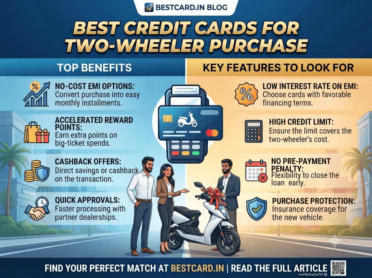 Infographic on the best credit cards for two-wheeler purchases, covering EMI options, rewards, and key features