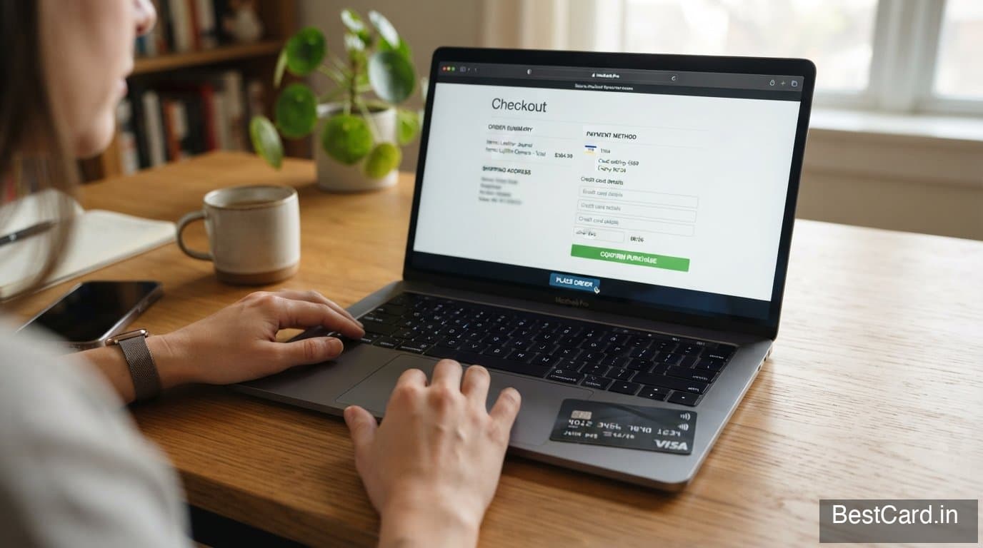 A person shopping online on a laptop with a credit card nearby