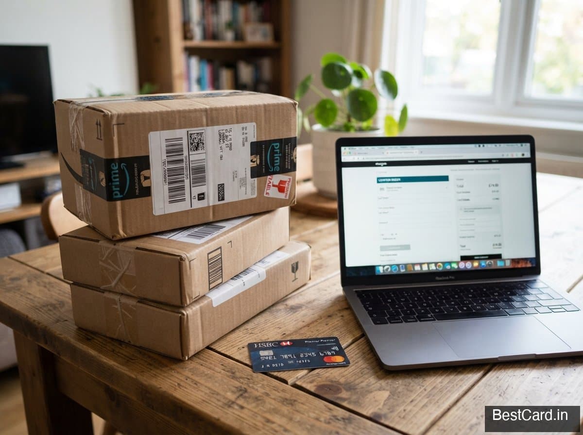 Stacked delivery boxes beside an open laptop and a credit card on a wooden table
