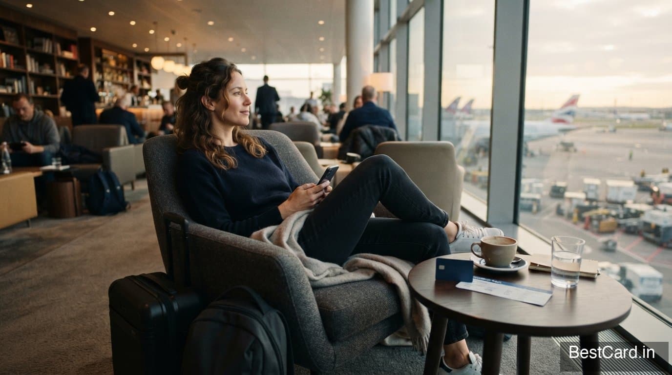 Premium travel credit card next to a boarding pass and passport