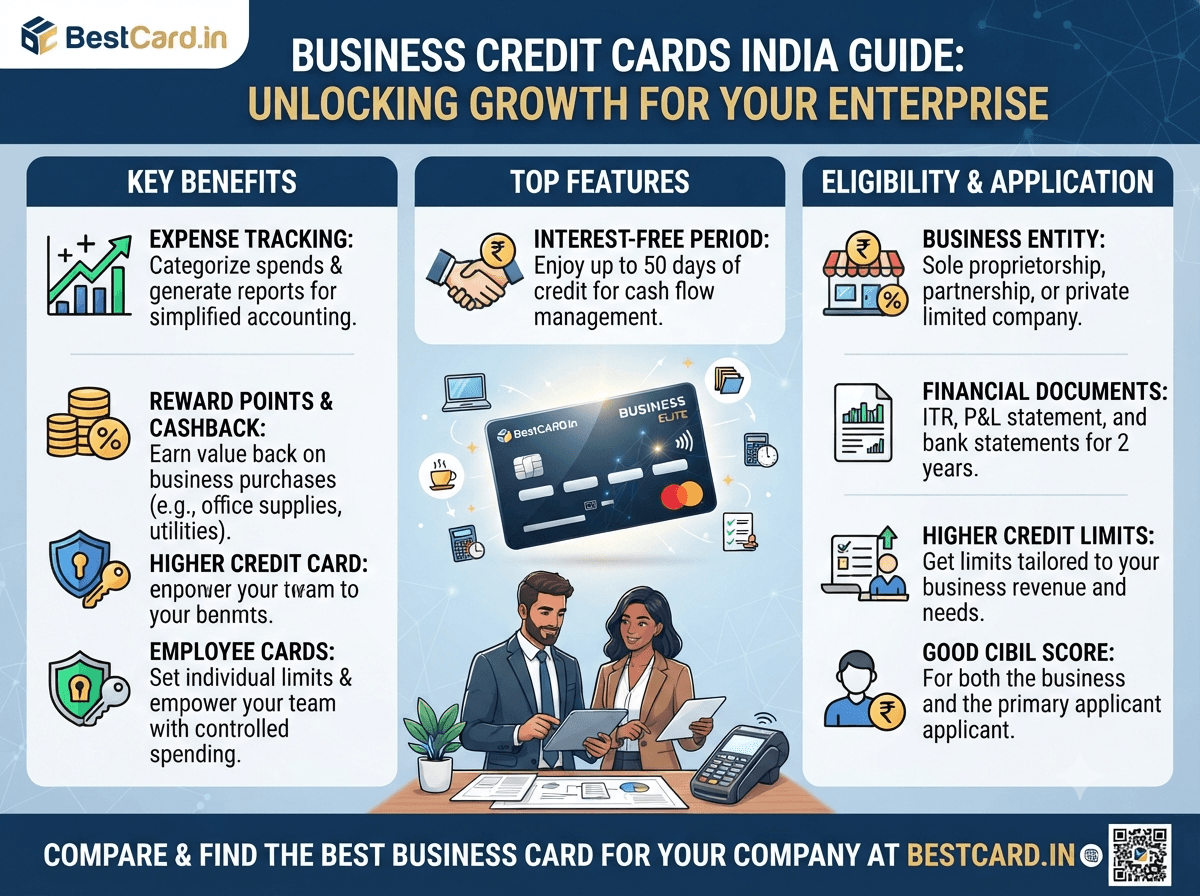 Infographic guide to business credit cards in India, covering benefits, features, and eligibility