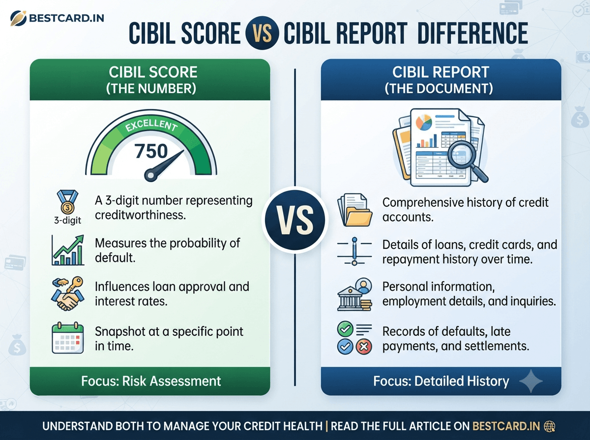 Infographic comparing the CIBIL score (a number) against the full CIBIL report (a document)