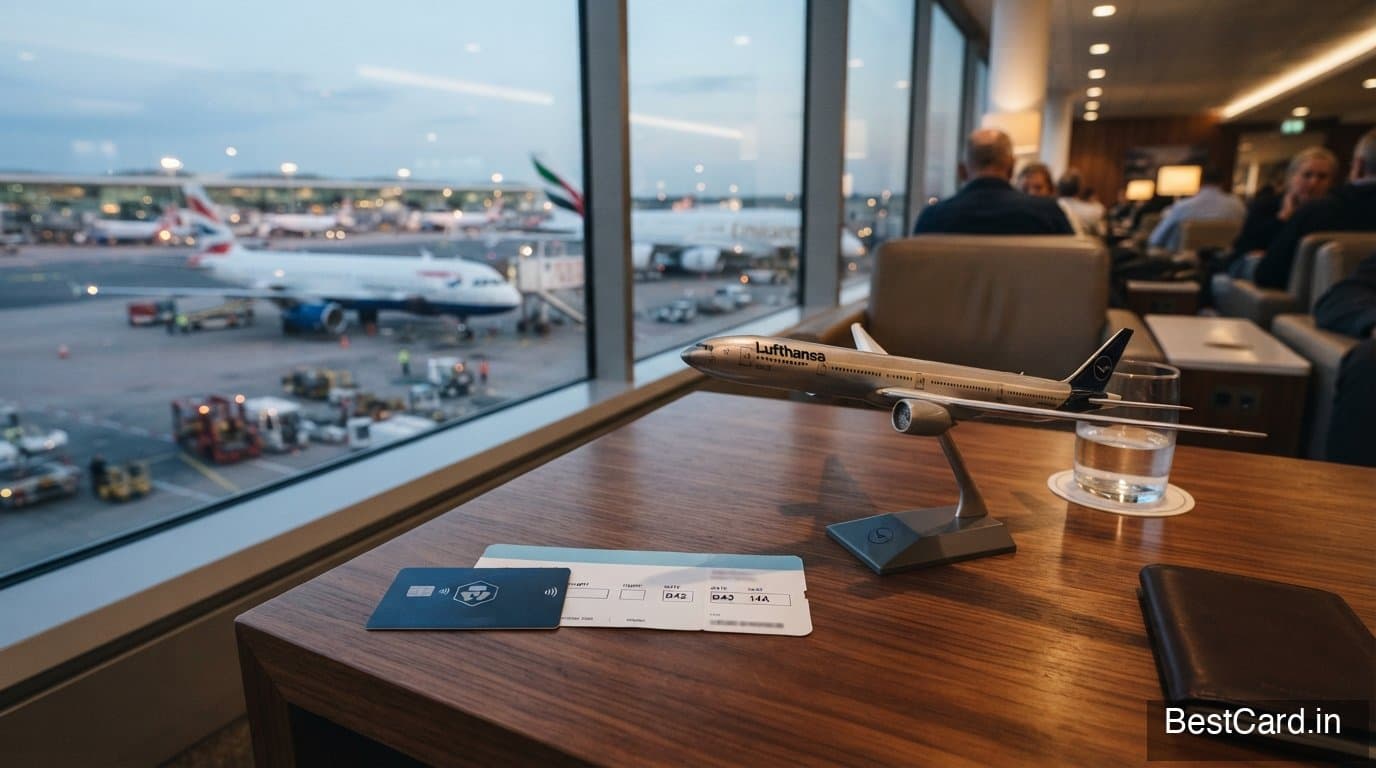 Boarding pass and credit card placed together on a travel bag, representing an airline co-branded credit card