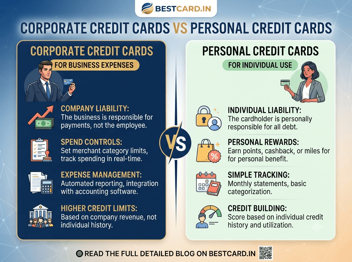 Infographic comparing corporate credit cards against personal credit cards on liability, rewards, and tracking