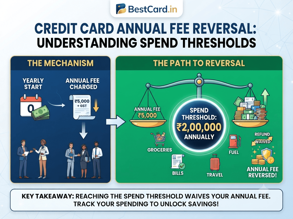 Infographic explaining how credit card annual fee reversal spend thresholds work