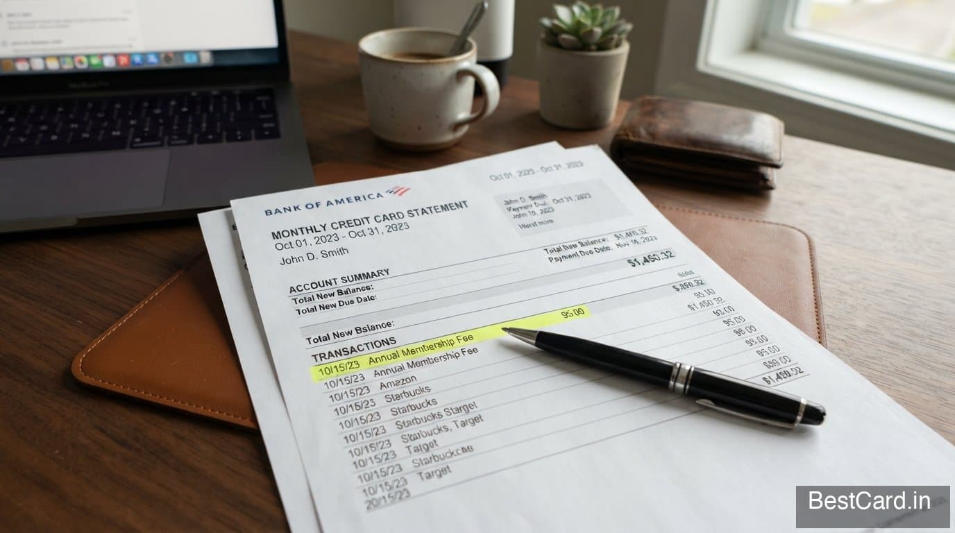A credit card statement highlighting a fee line item, next to a calculator