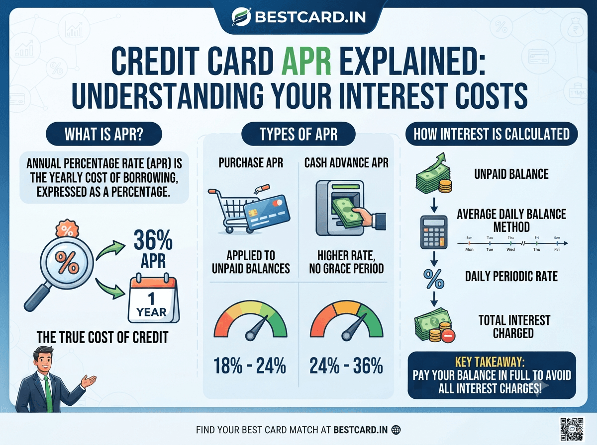 Infographic explaining credit card APR, purchase vs cash advance rates, and how interest is calculated