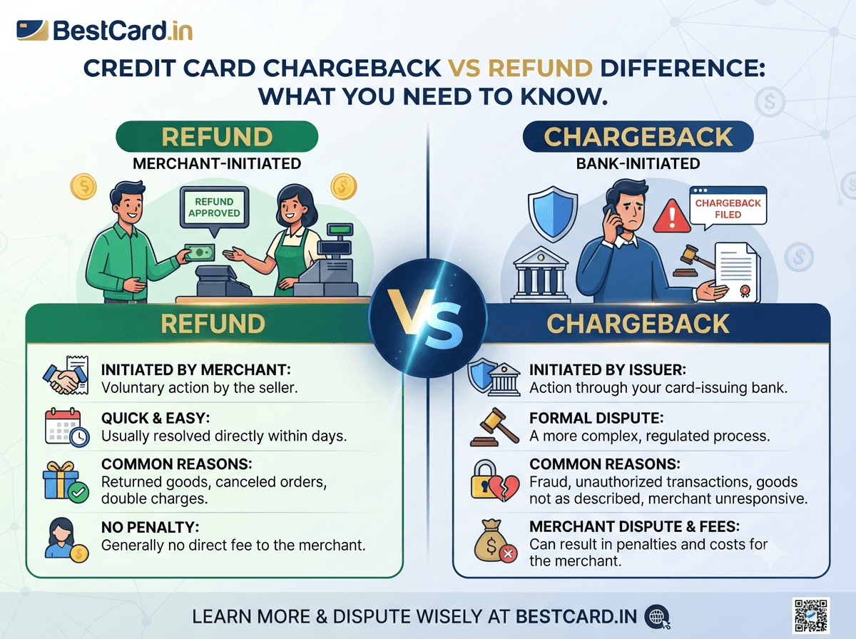 Infographic comparing credit card chargebacks and refunds on process, common reasons, and who initiates each