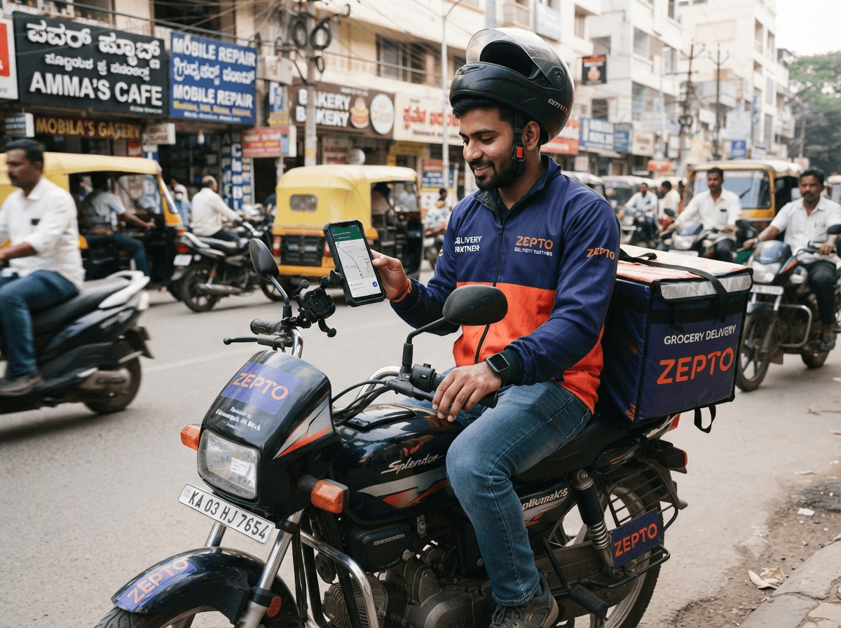 A gig delivery partner on a motorcycle checking a delivery app on a phone mount, with a grocery delivery bag mounted behind him