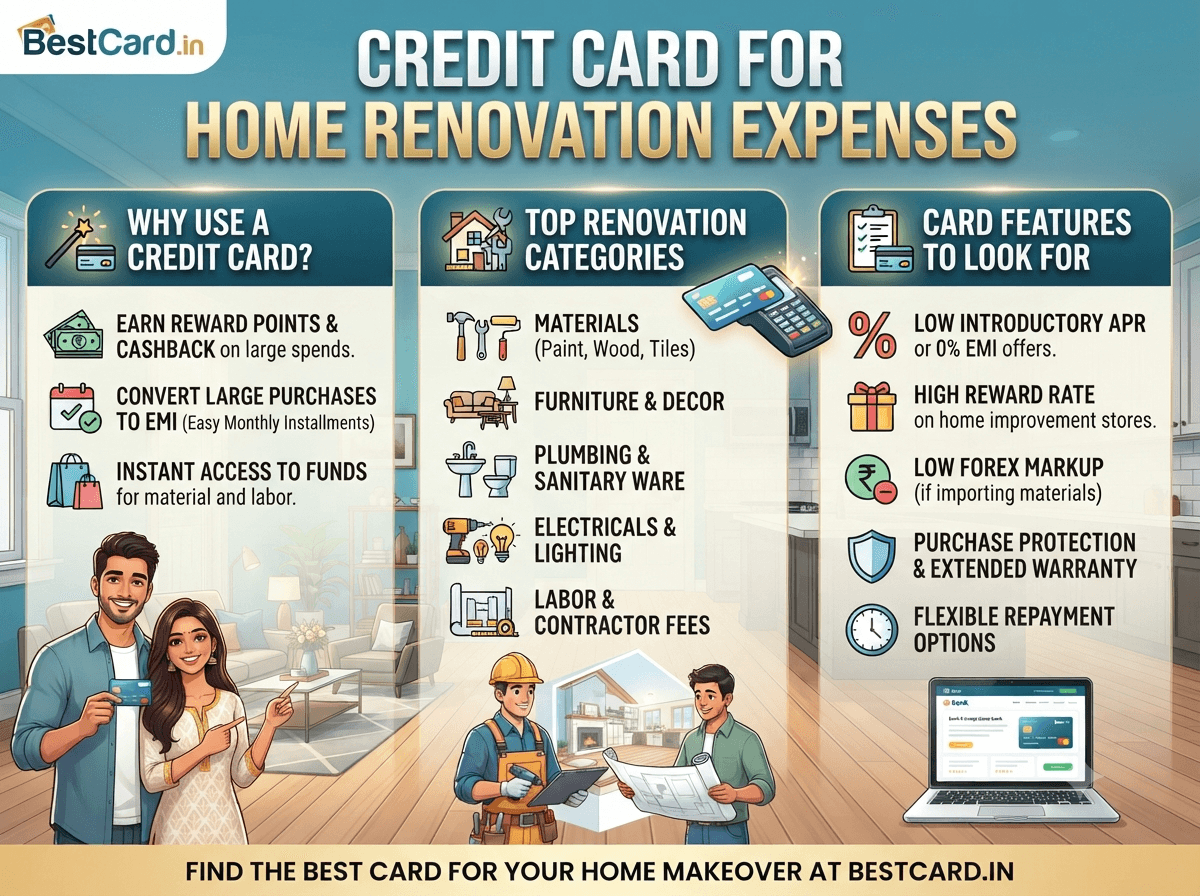 Infographic on using a credit card for home renovation expenses, covering categories and card features to look for
