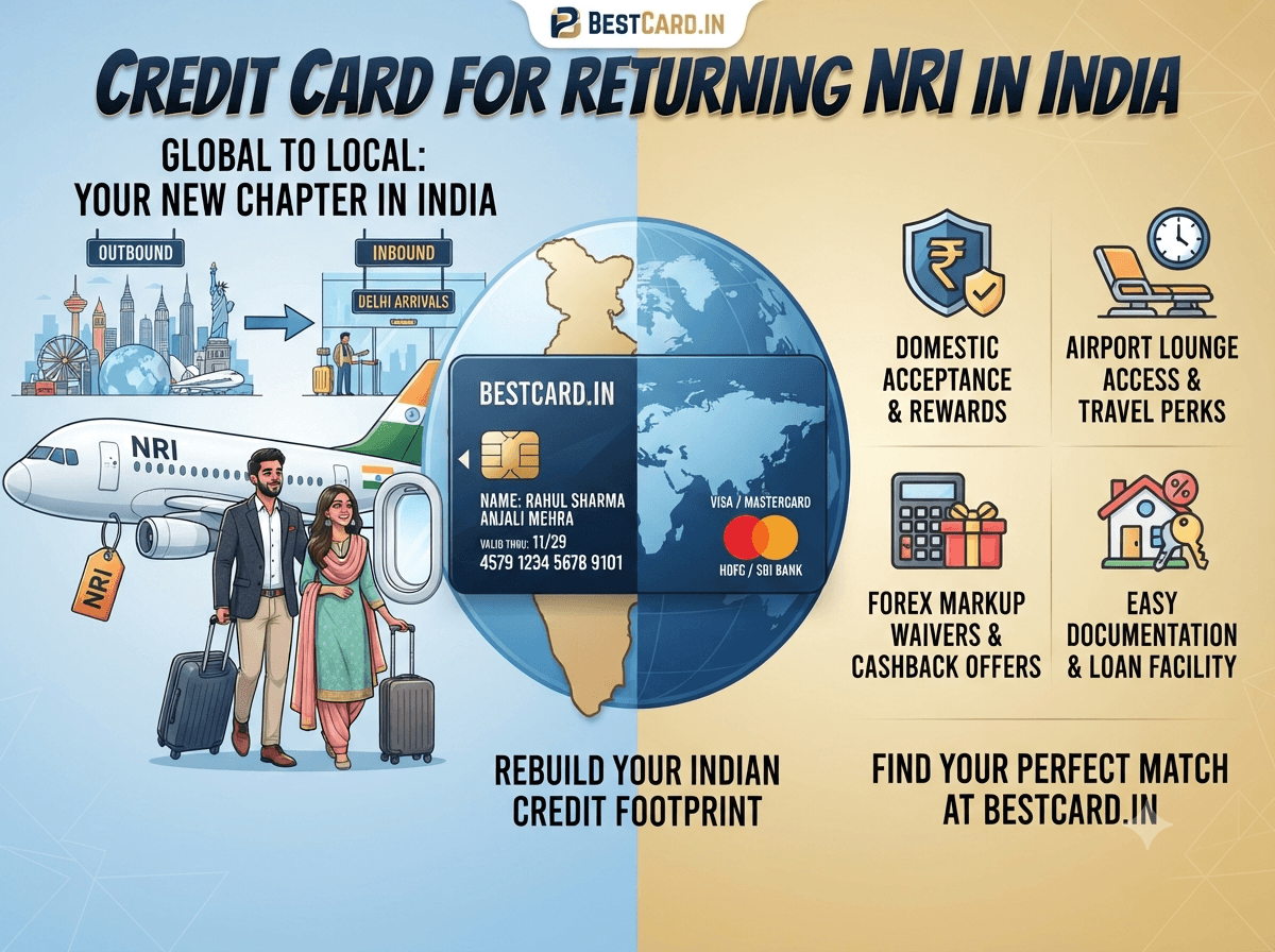 Infographic on credit cards for returning NRIs in India, showing a couple arriving with luggage and a credit card