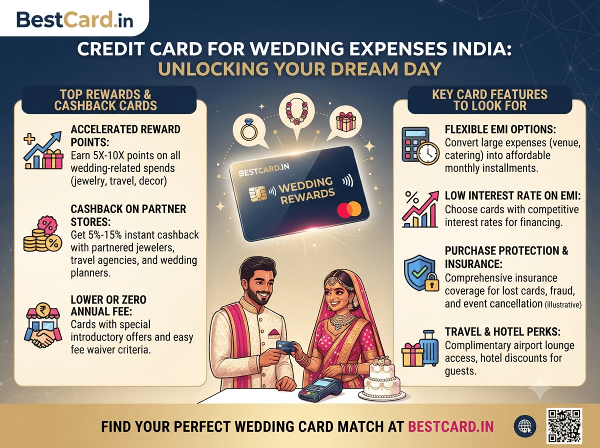 Infographic on using a credit card for wedding expenses in India, covering rewards, cashback, and EMI options