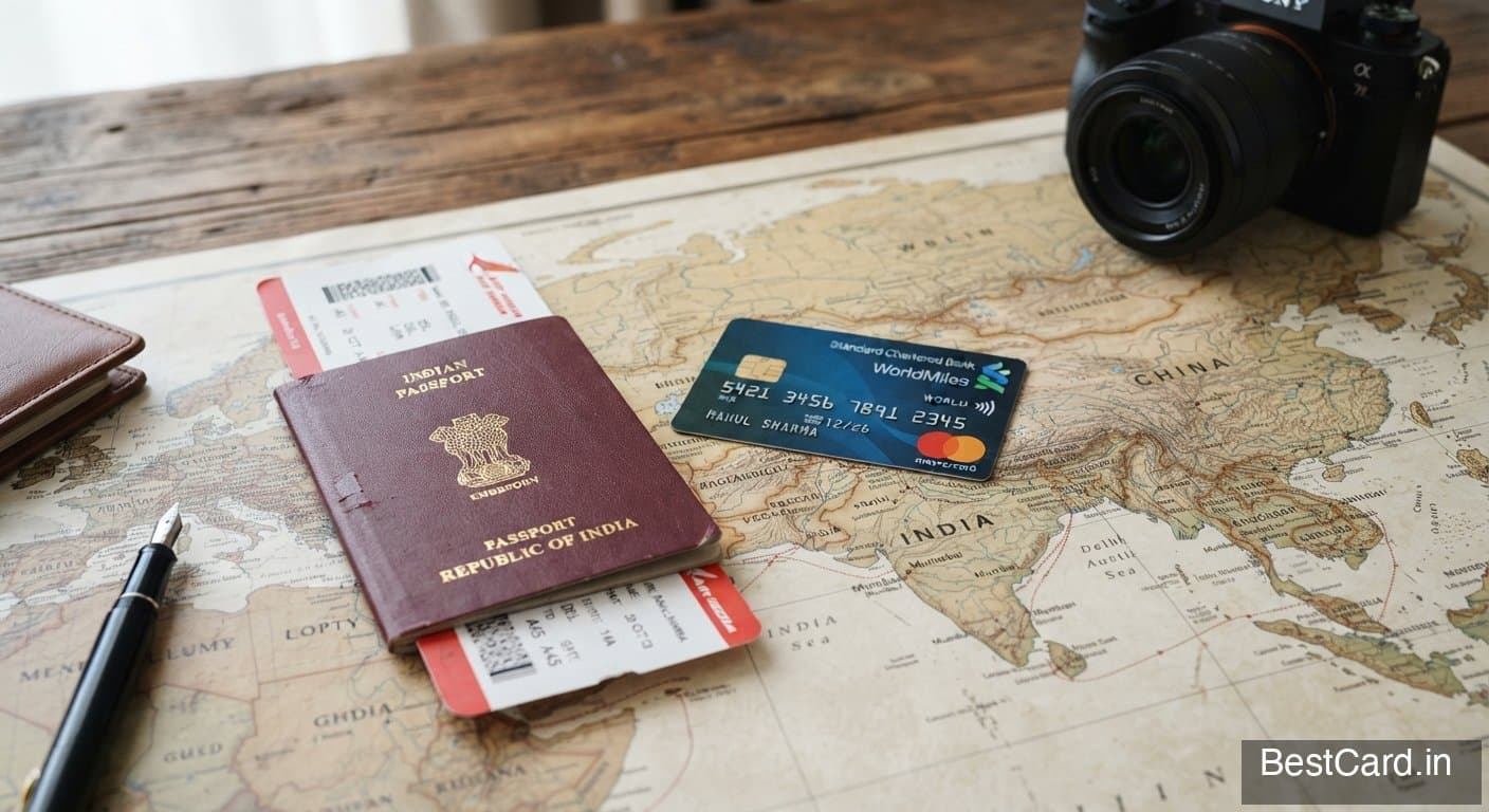 A world map with a credit card and foreign currency notes placed on top