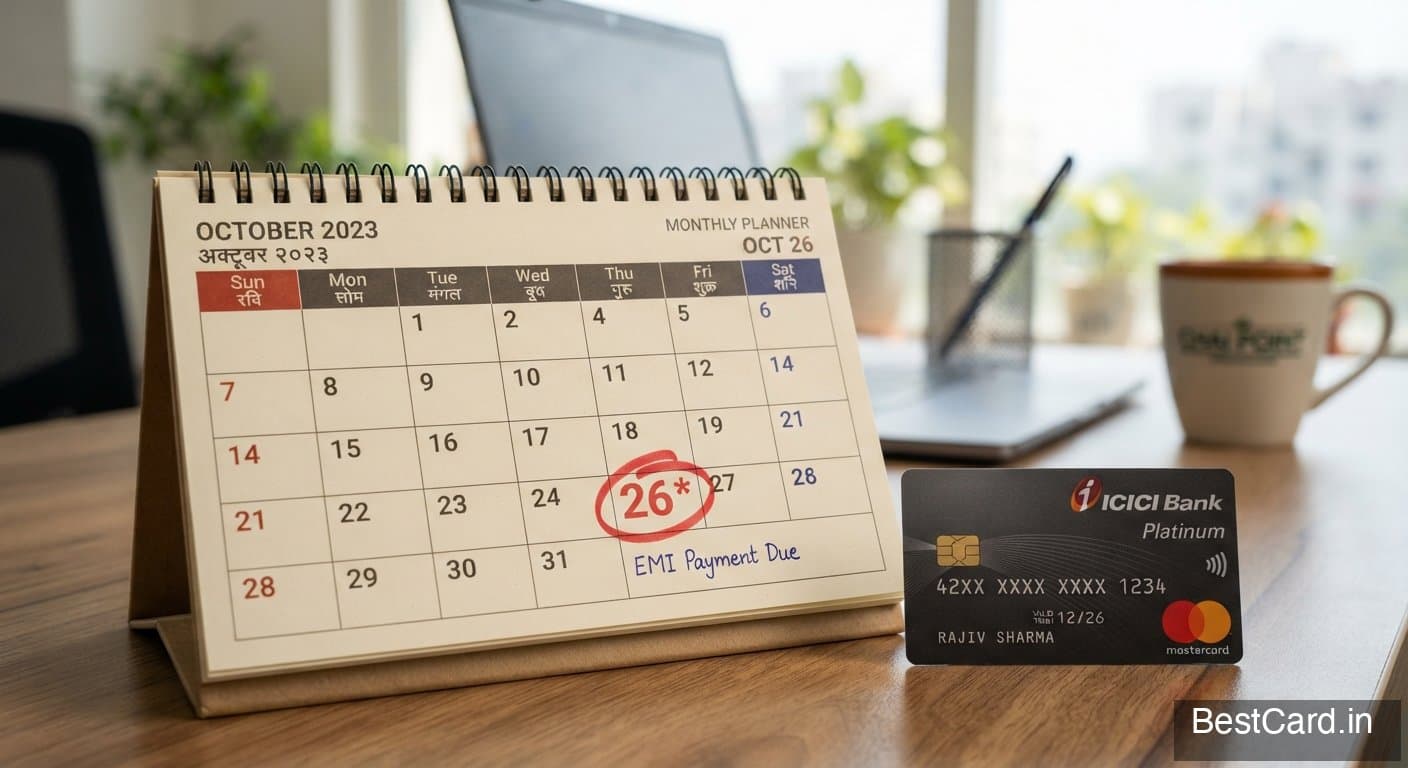 A calendar with a missed due date marked in red next to a credit card