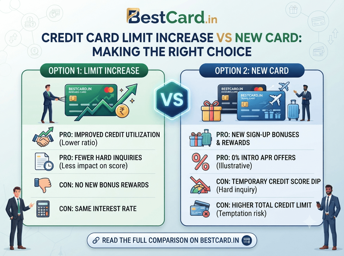 Infographic comparing a credit limit increase against getting a new credit card, with pros and cons for each option