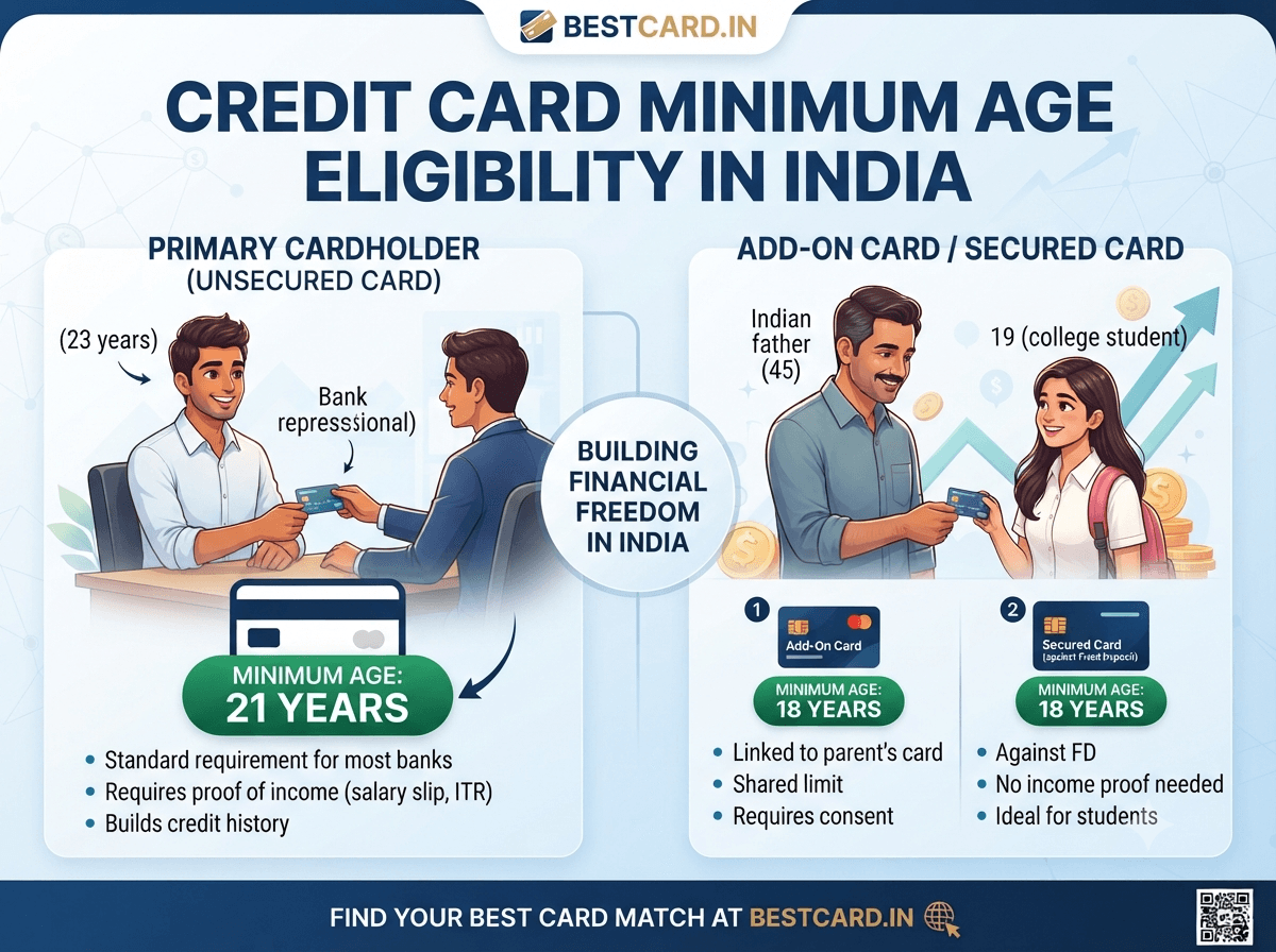 Infographic on credit card minimum age eligibility in India for primary cardholders, add-on cards, and secured cards