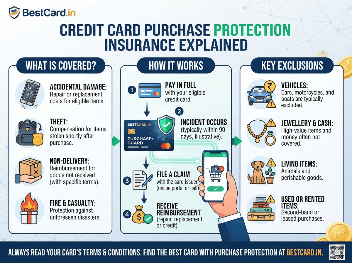 Infographic explaining credit card purchase protection insurance, coverage, claims process, and key exclusions