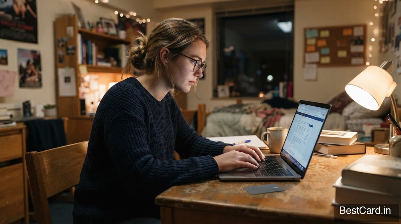 A student sitting with a laptop and a credit card on a study table