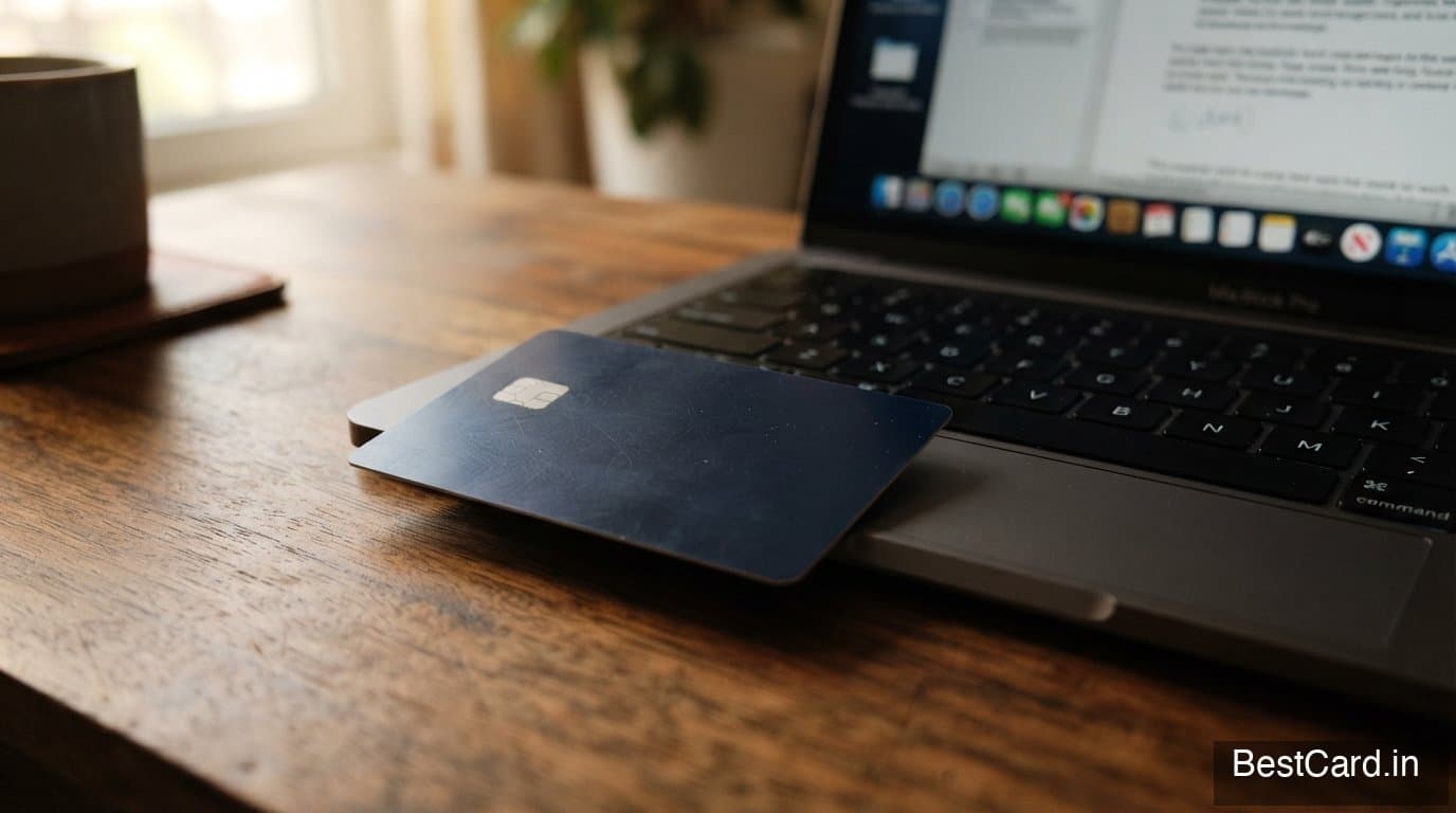 An HDFC Bank credit card on a wooden desk next to a laptop keyboard