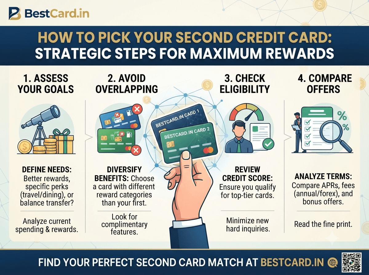 Infographic on how to pick a second credit card, covering goals, overlap, eligibility, and comparing offers