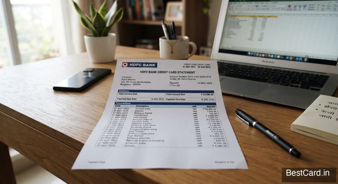 A printed credit card statement with key sections highlighted