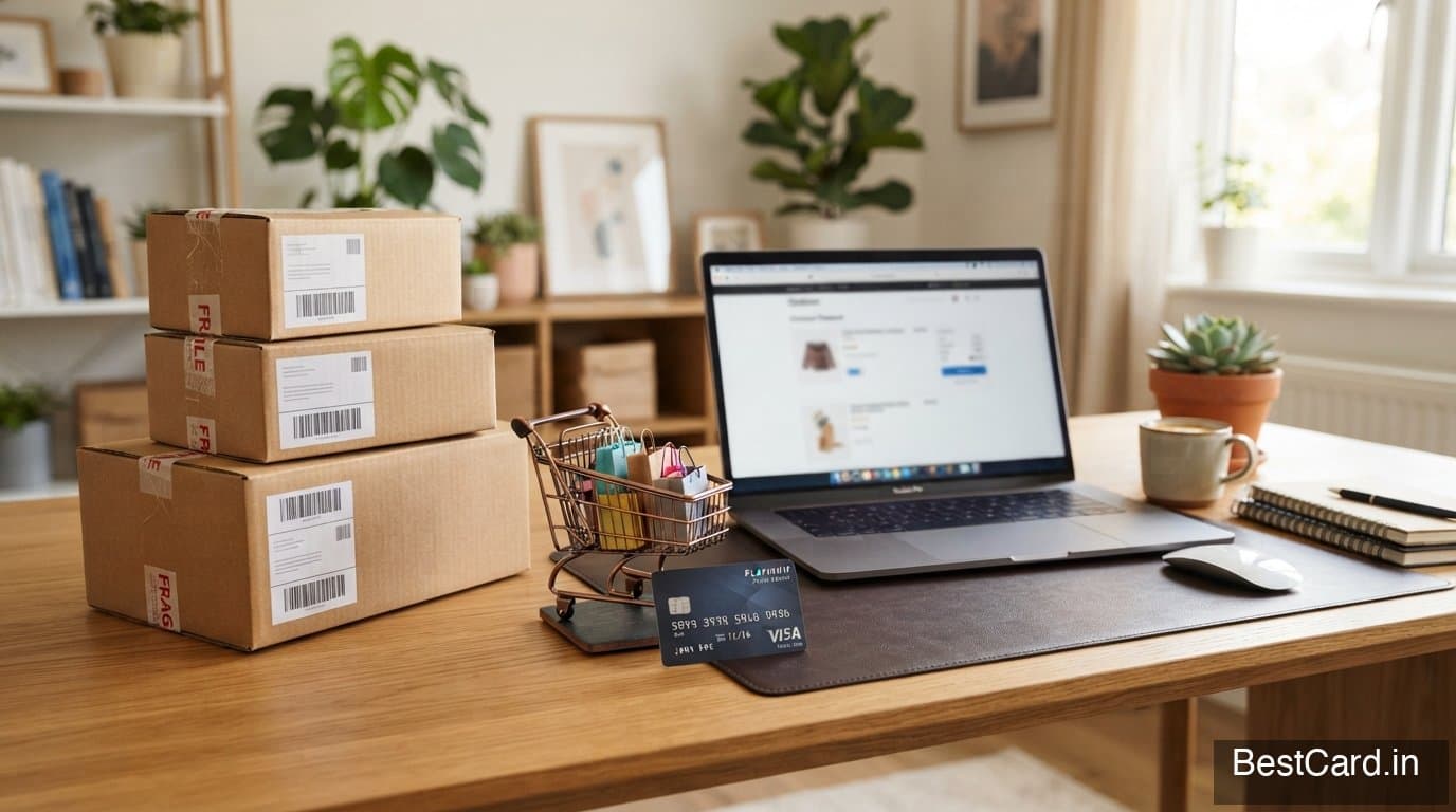 Person shopping on Amazon on a laptop with a credit card nearby