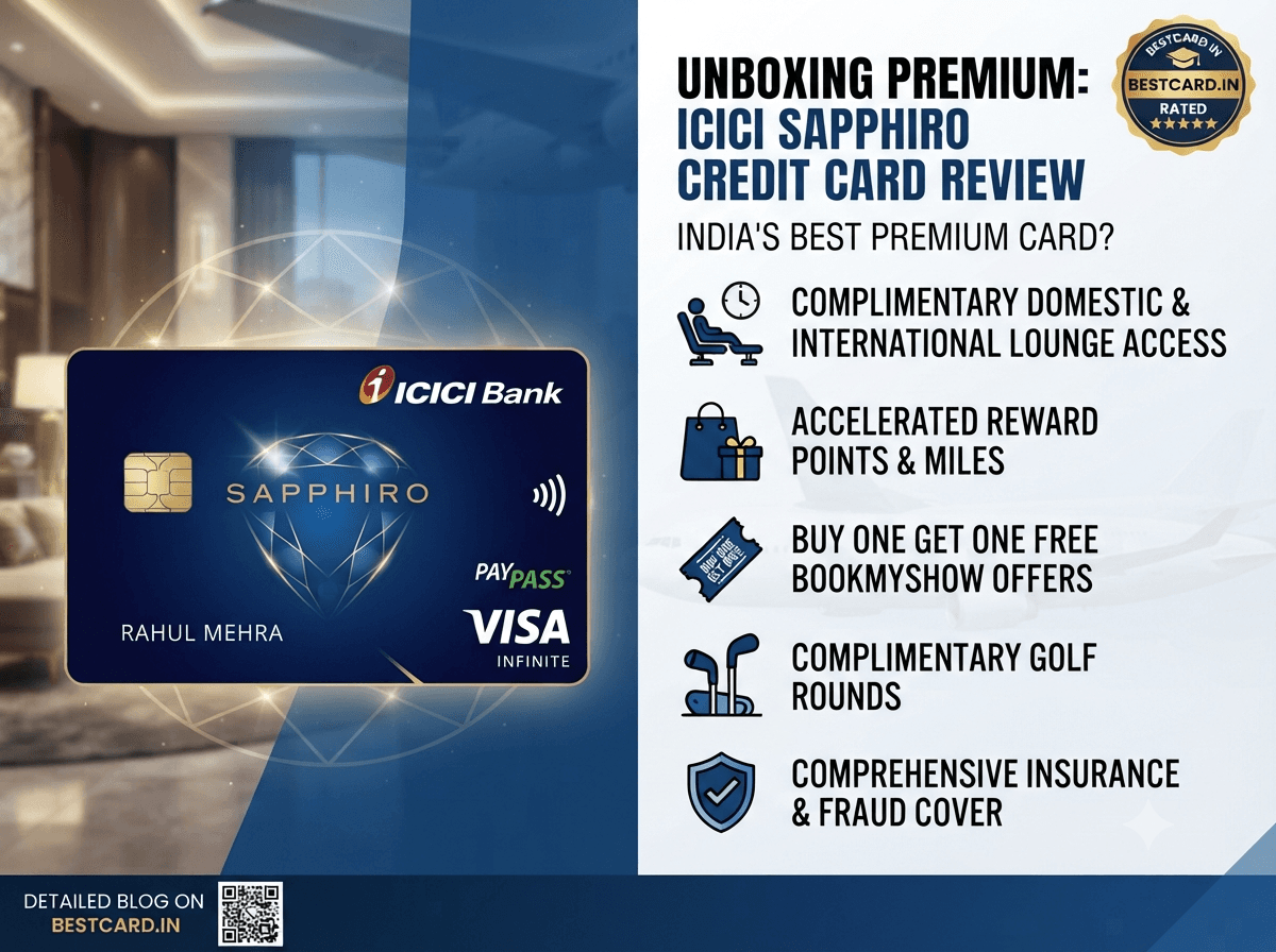 ICICI Sapphiro credit card review graphic highlighting lounge access, reward points, and other premium benefits