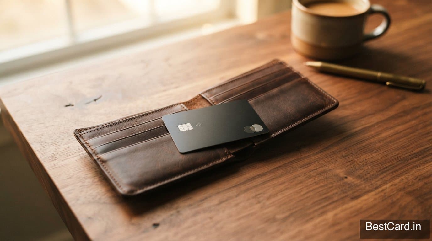 A premium metal credit card on a dark background