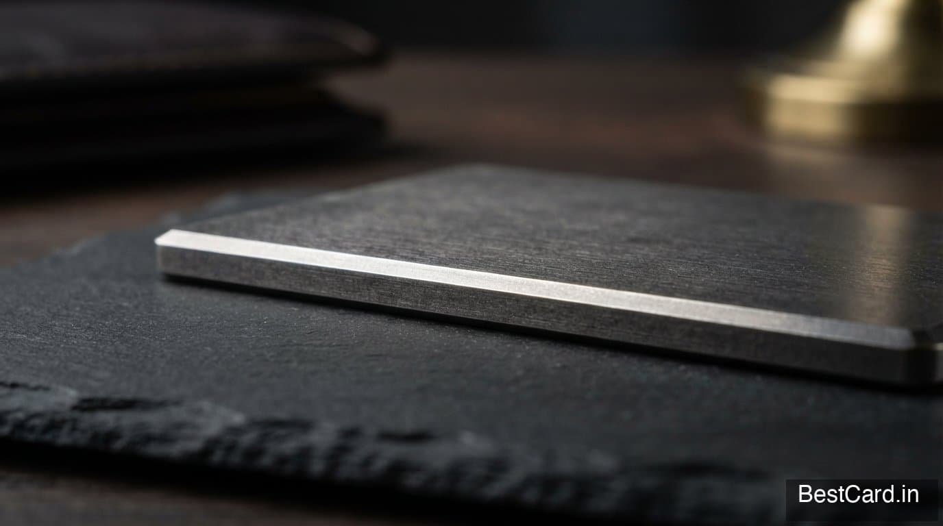 A heavy metal credit card being placed on a marble countertop