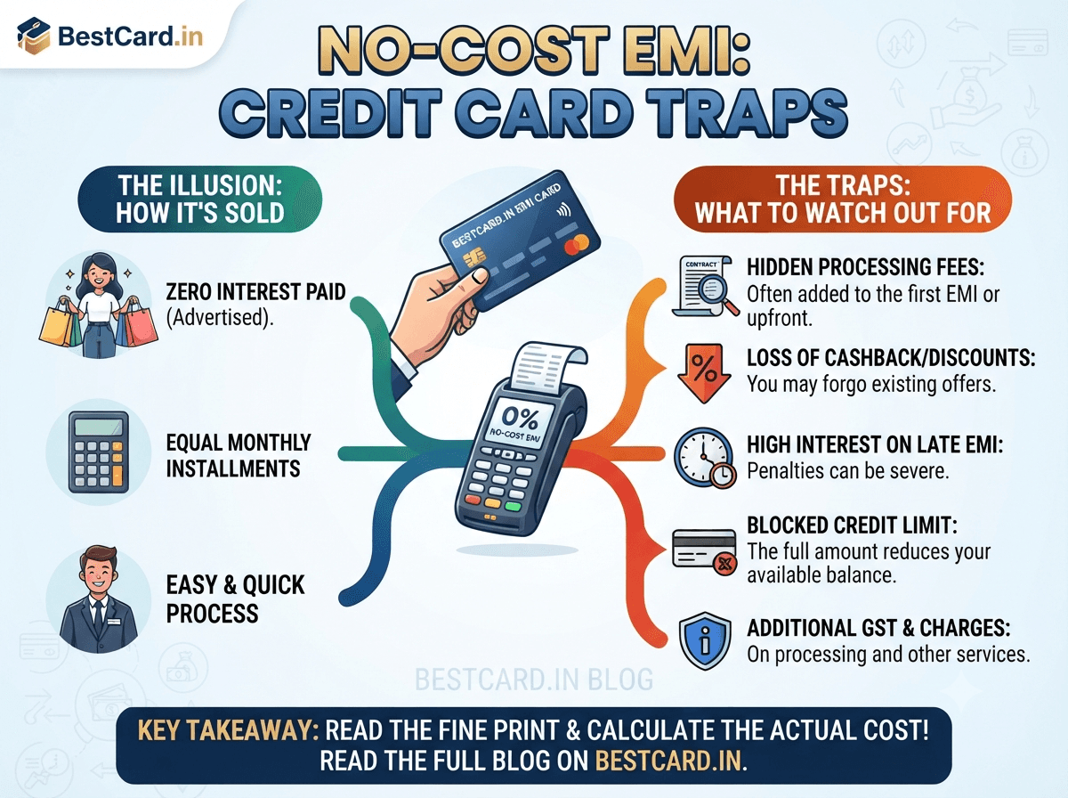 Infographic on the hidden traps in no-cost EMI credit card offers, including processing fees and blocked credit limits
