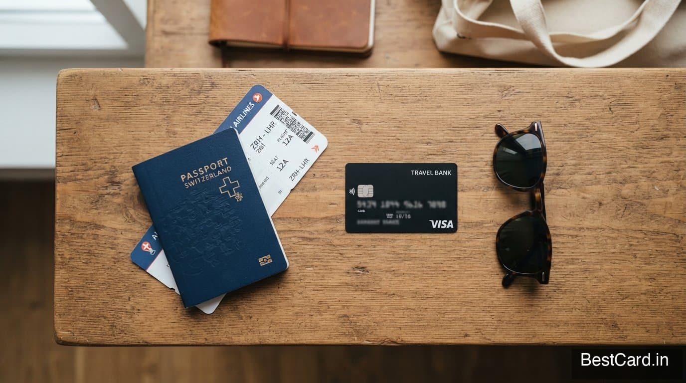 Traveler holding a credit card next to a passport and boarding pass