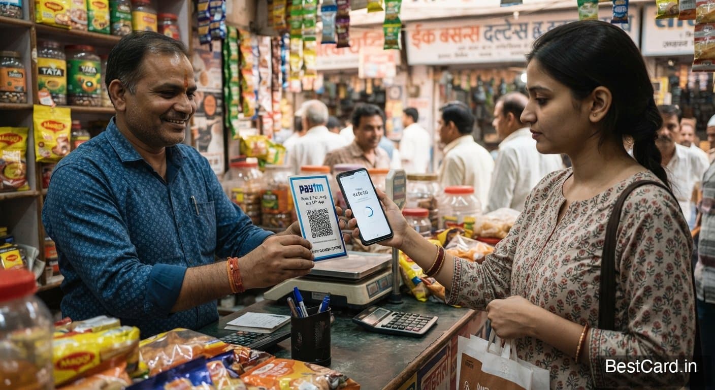 A RuPay credit card next to a smartphone showing a UPI payment screen