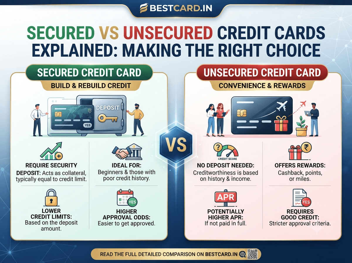 Infographic comparing secured and unsecured credit cards on deposit requirements, approval odds, and rewards