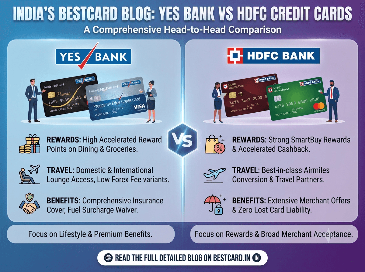 Infographic comparing Yes Bank and HDFC Bank credit cards on rewards, travel benefits, and other perks