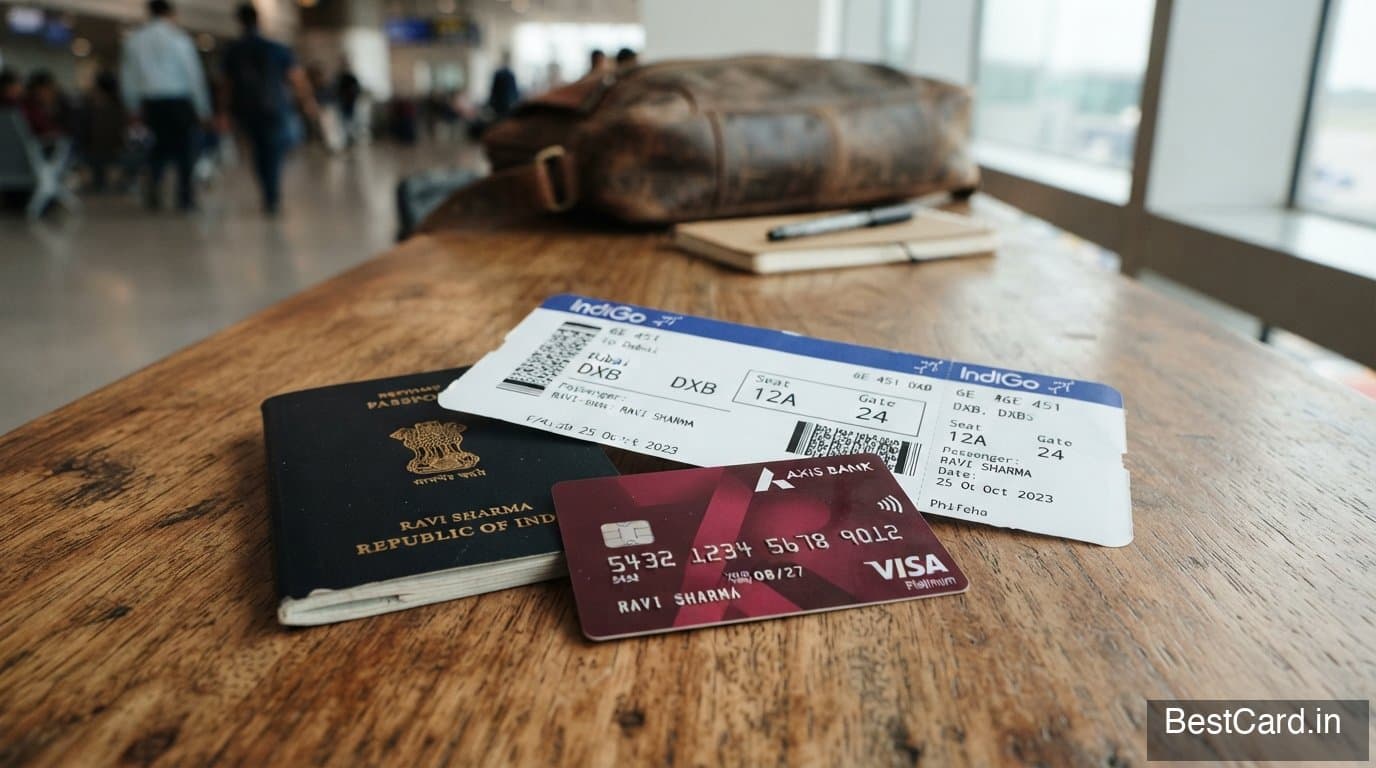 An Axis Bank credit card placed on a desk next to a passport and boarding pass