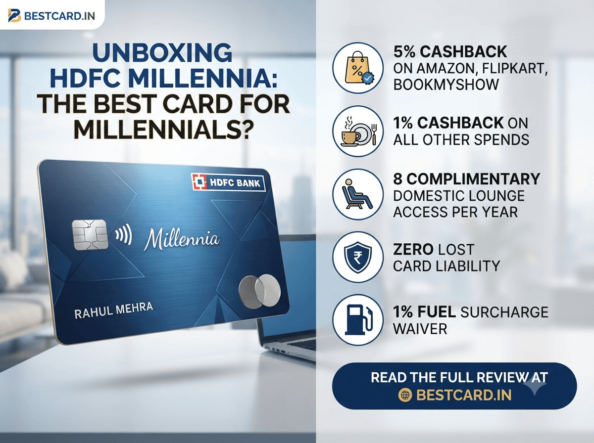 HDFC Millennia credit card review graphic highlighting cashback rates, lounge access, and fee waivers