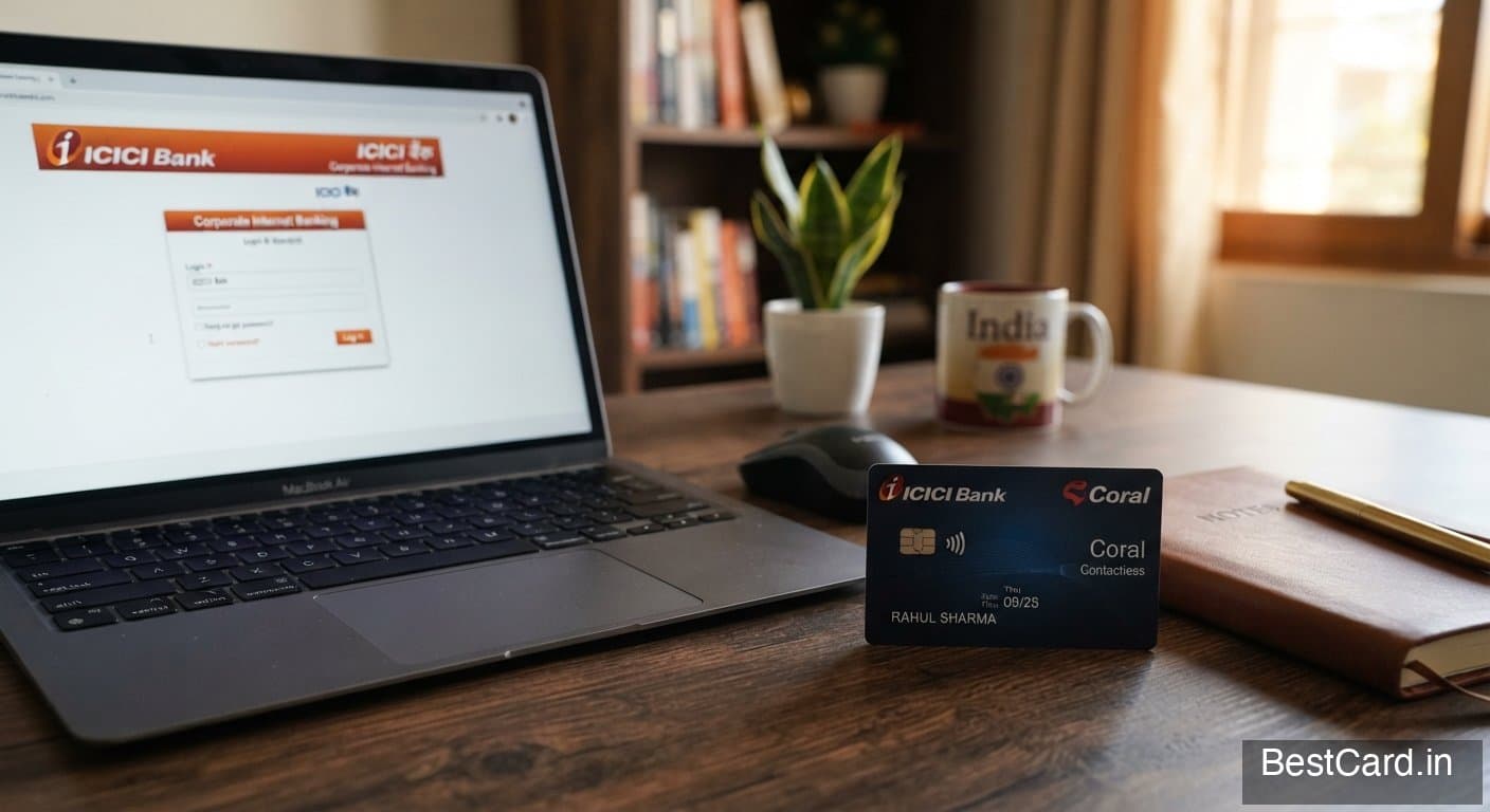 An ICICI Bank credit card on a desk next to a smartphone