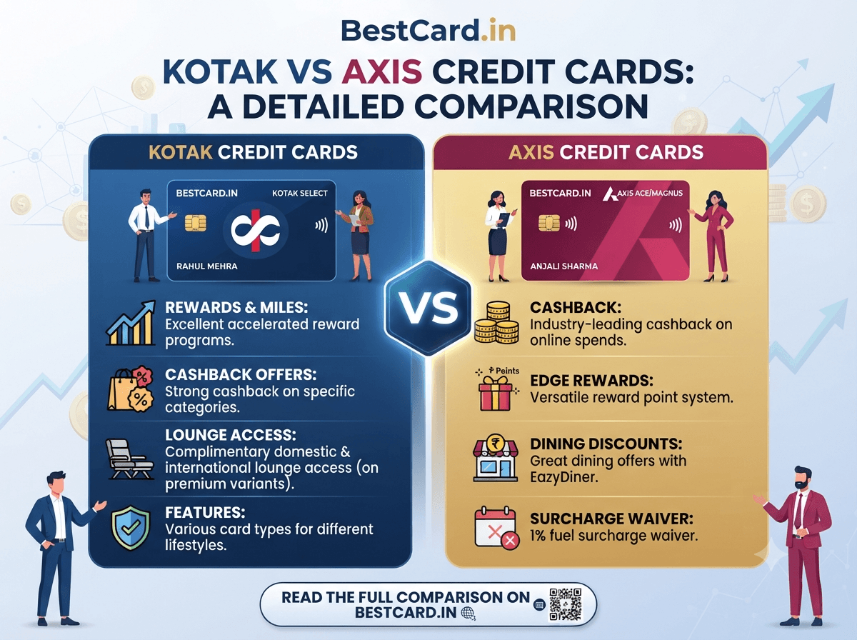 Infographic comparing Kotak and Axis Bank credit cards on rewards, cashback, and lounge access