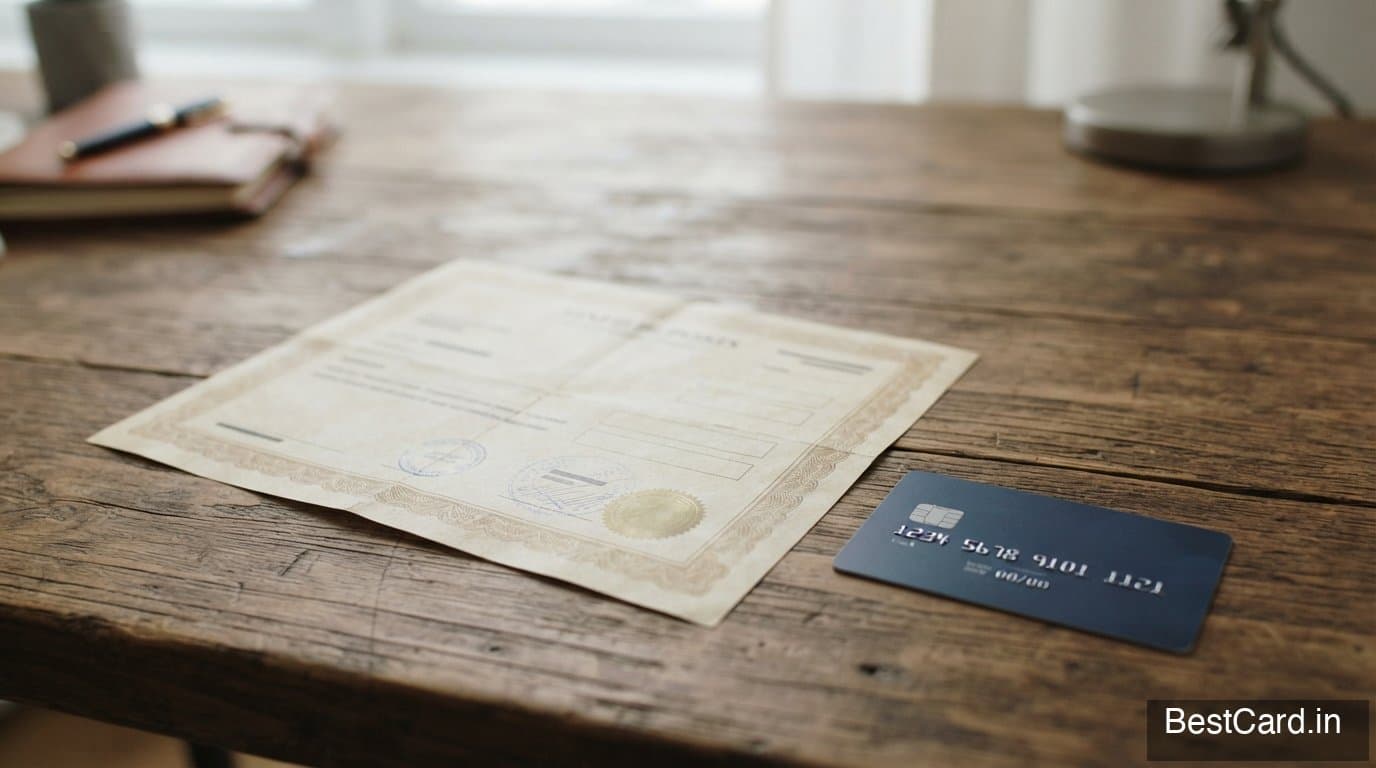 A fixed deposit certificate placed next to a credit card on a table