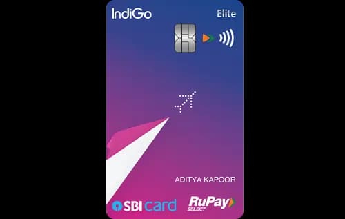 IndiGo SBI Card ELITE next to a boarding pass at an airport gate