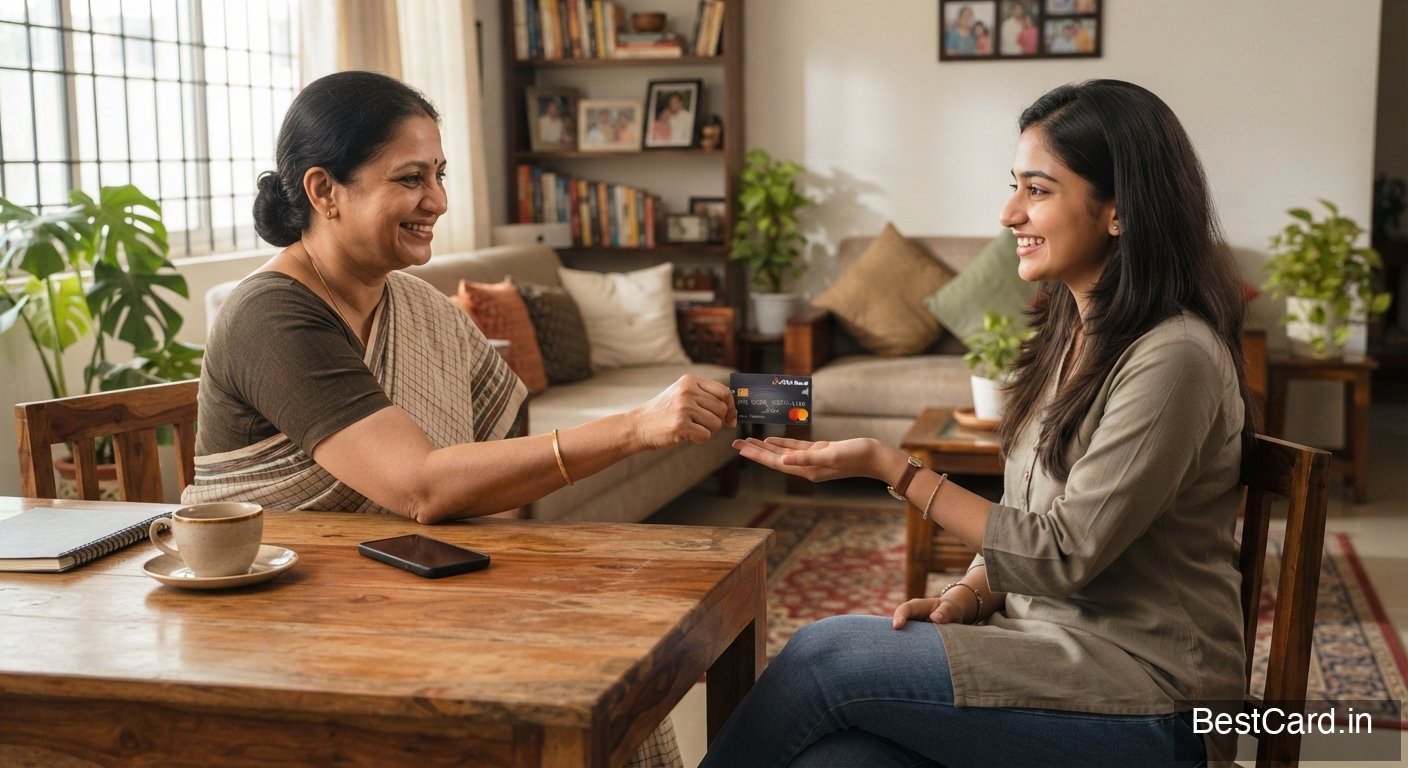 A parent handing a credit card to a young adult family member