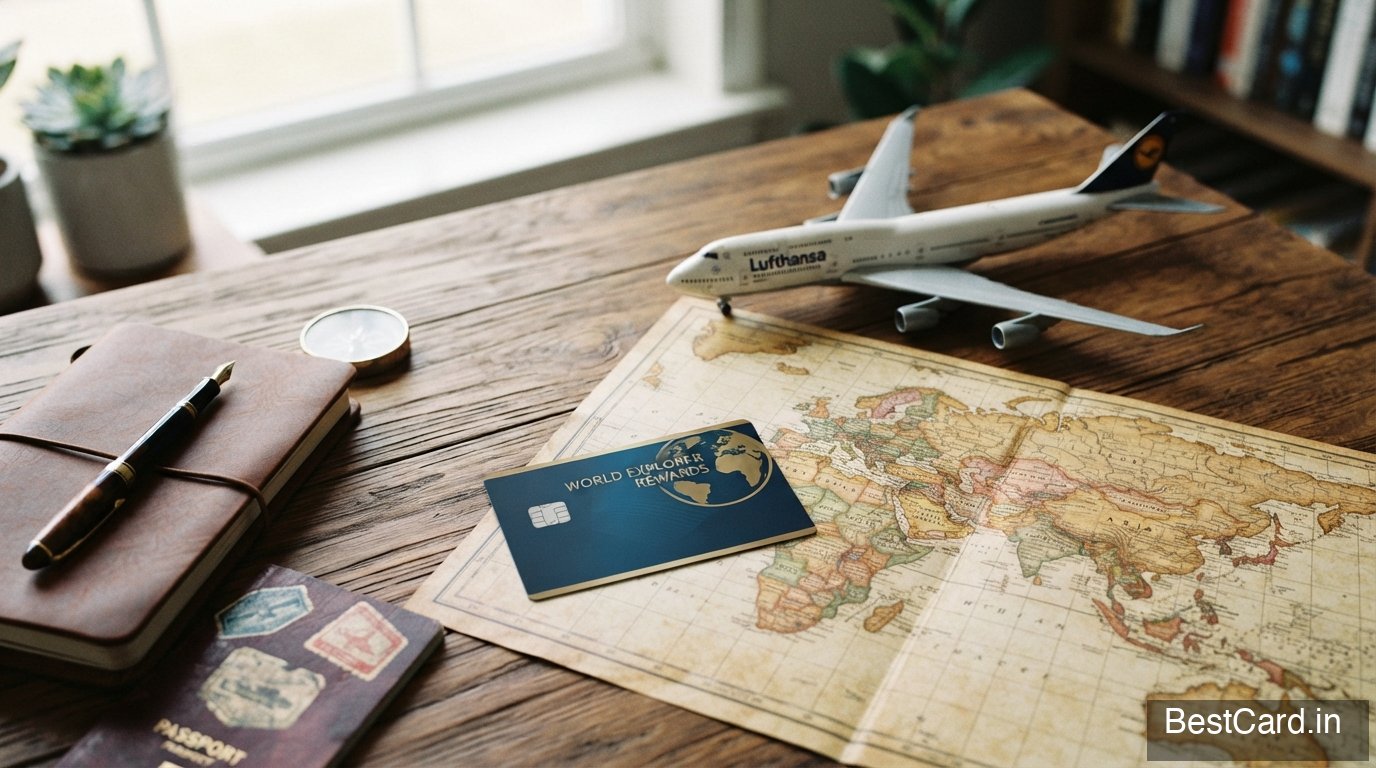 Boarding pass and premium credit card on a travel desk